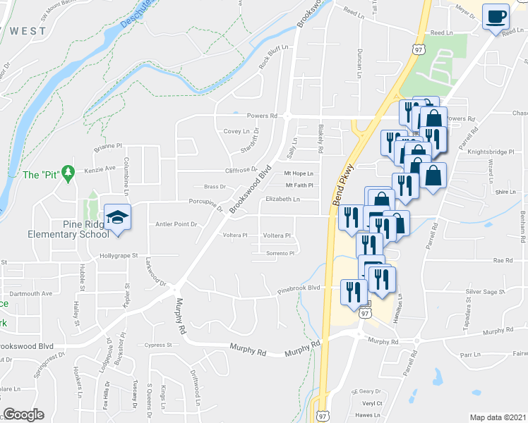 map of restaurants, bars, coffee shops, grocery stores, and more near 20013 Elizabeth Lane in Bend