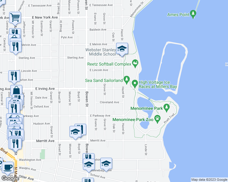 map of restaurants, bars, coffee shops, grocery stores, and more near 842 Algoma Boulevard in Oshkosh