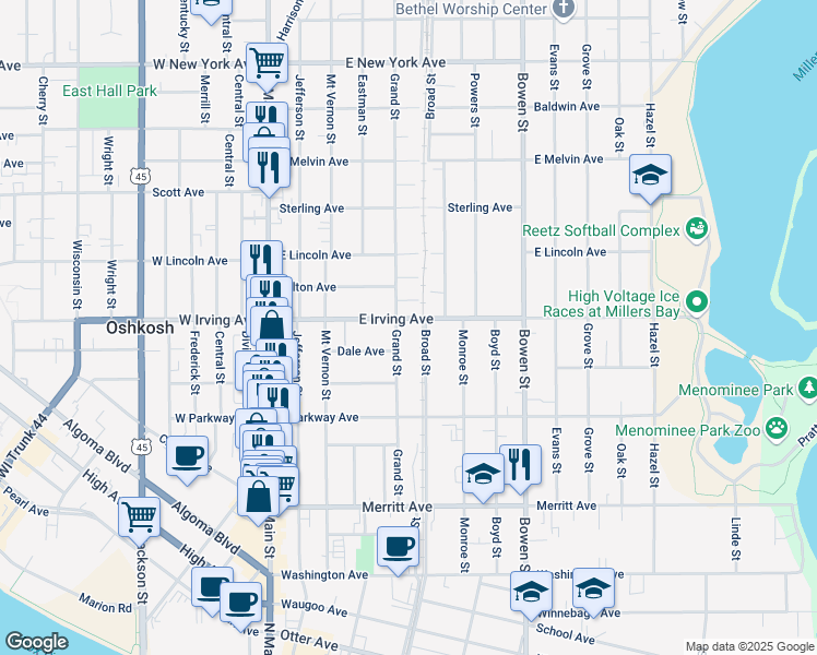 map of restaurants, bars, coffee shops, grocery stores, and more near 502 East Irving Avenue in Oshkosh