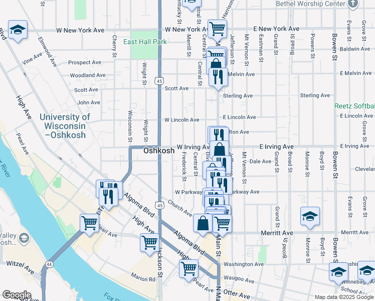 map of restaurants, bars, coffee shops, grocery stores, and more near 216 West Irving Avenue in Oshkosh