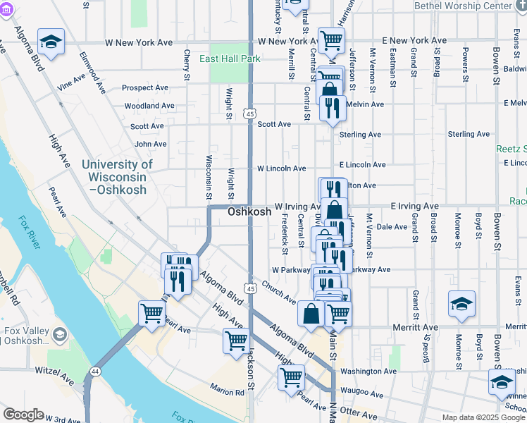map of restaurants, bars, coffee shops, grocery stores, and more near in Oshkosh