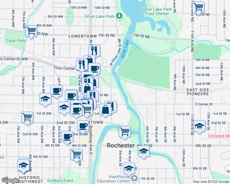 map of restaurants, bars, coffee shops, grocery stores, and more near 211 1st Street Northeast in Rochester