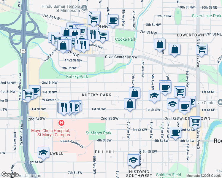 map of restaurants, bars, coffee shops, grocery stores, and more near 826 2nd Street Northwest in Rochester
