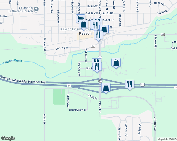 map of restaurants, bars, coffee shops, grocery stores, and more near 407 2nd Avenue Southwest in Kasson