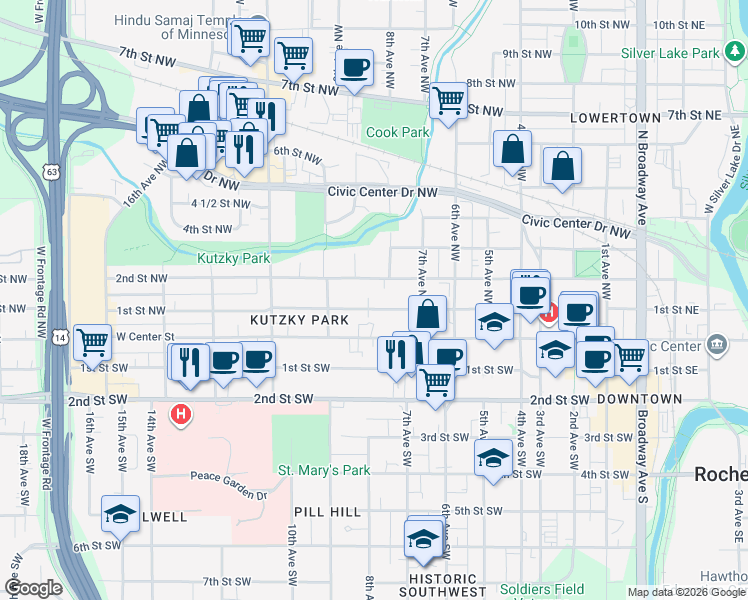 map of restaurants, bars, coffee shops, grocery stores, and more near 826 2nd Street Northwest in Rochester