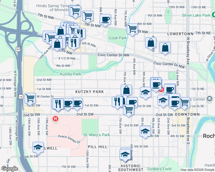map of restaurants, bars, coffee shops, grocery stores, and more near 826 2nd Street Northwest in Rochester
