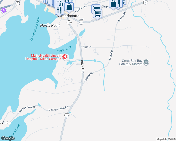 map of restaurants, bars, coffee shops, grocery stores, and more near 102 Bristol Road in Damariscotta