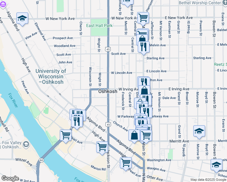 map of restaurants, bars, coffee shops, grocery stores, and more near 691 Franklin Street in Oshkosh