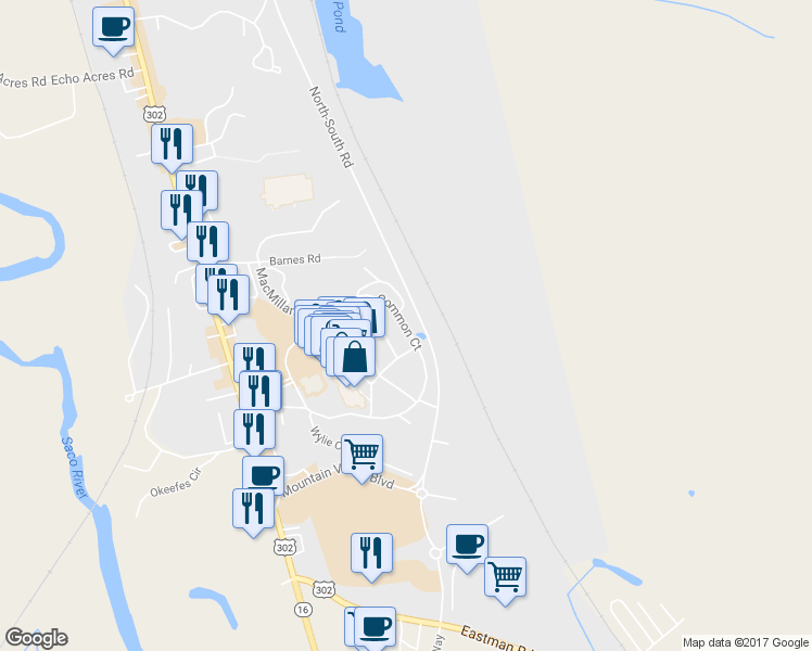 map of restaurants, bars, coffee shops, grocery stores, and more near Common Court in North Conway