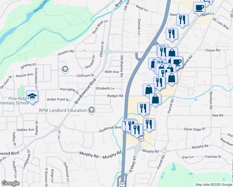 map of restaurants, bars, coffee shops, grocery stores, and more near 20085 Elizabeth Lane in Bend