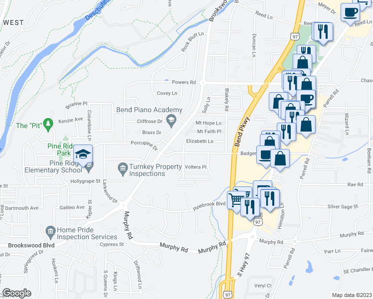map of restaurants, bars, coffee shops, grocery stores, and more near 20001 Elizabeth Lane in Bend