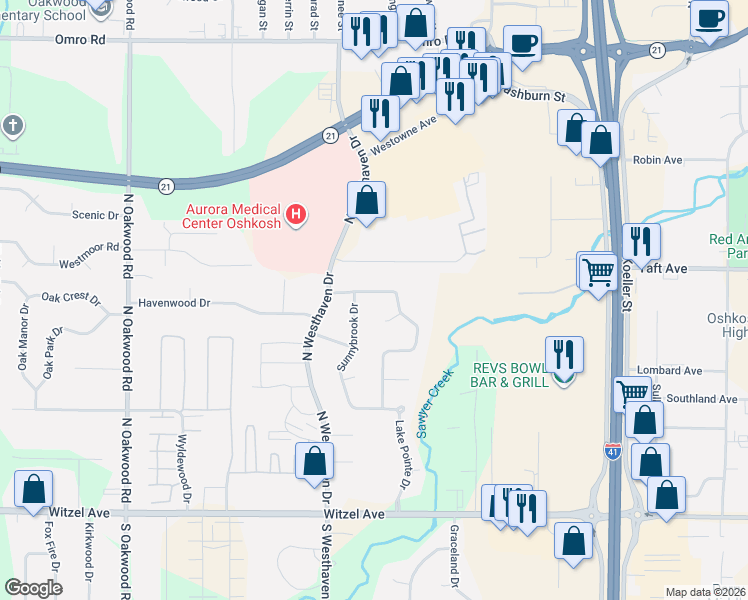 map of restaurants, bars, coffee shops, grocery stores, and more near 2441 Springmill Drive in Oshkosh