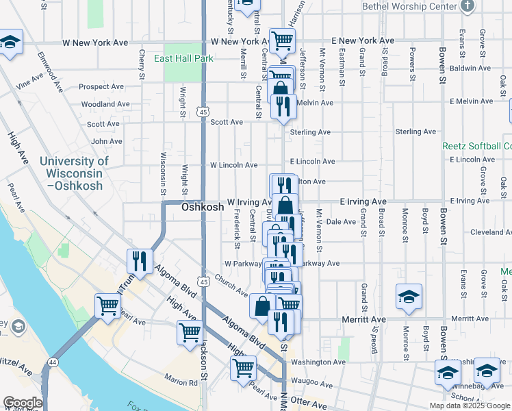 map of restaurants, bars, coffee shops, grocery stores, and more near 106 West Irving Avenue in Oshkosh