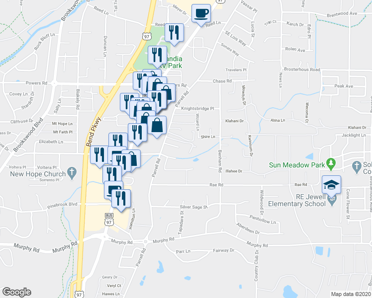 map of restaurants, bars, coffee shops, grocery stores, and more near 61280 Parrell Road in Bend