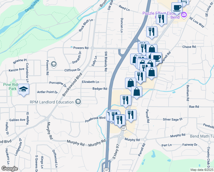 map of restaurants, bars, coffee shops, grocery stores, and more near 61258 Blakely Road in Bend