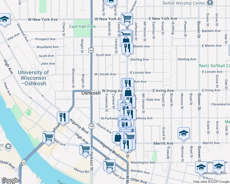 map of restaurants, bars, coffee shops, grocery stores, and more near 106 West Irving Avenue in Oshkosh
