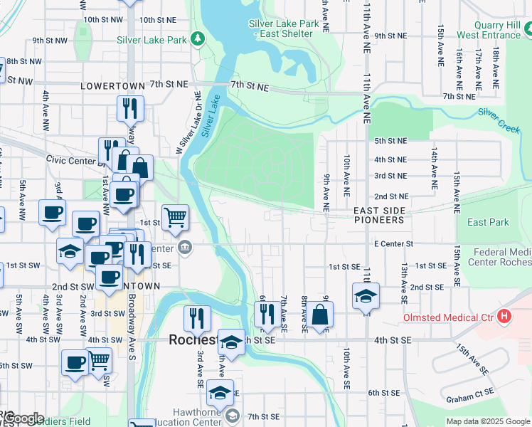 map of restaurants, bars, coffee shops, grocery stores, and more near 509 East Center Street in Rochester