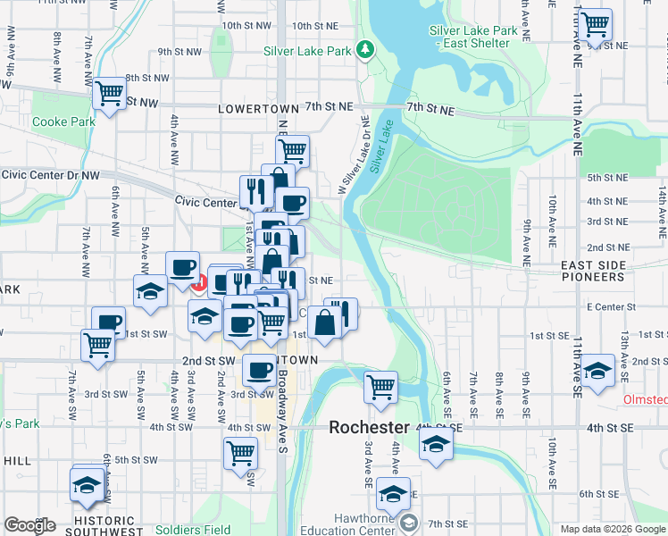 map of restaurants, bars, coffee shops, grocery stores, and more near 101 Civic Center Drive Northeast in Rochester