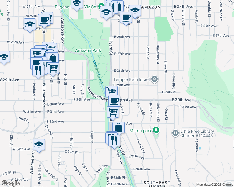 map of restaurants, bars, coffee shops, grocery stores, and more near 2955 Hilyard Street in Eugene