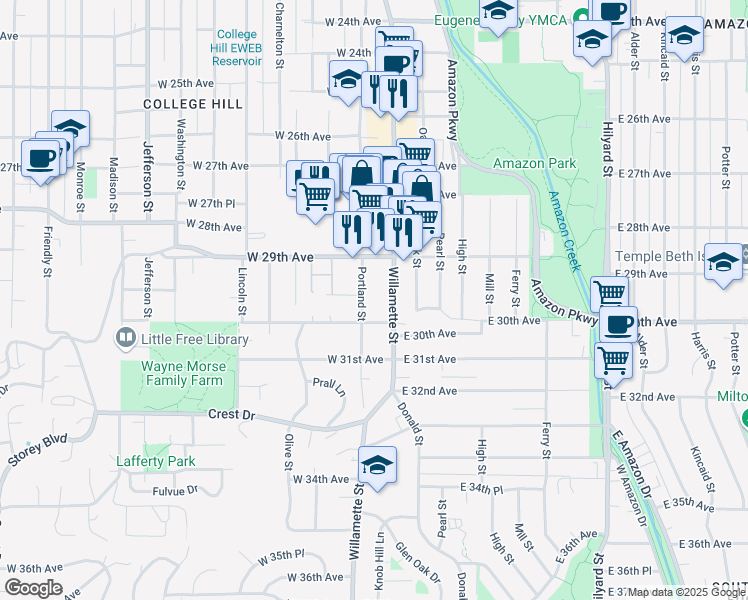 map of restaurants, bars, coffee shops, grocery stores, and more near 2961 Portland Street in Eugene