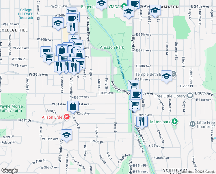 map of restaurants, bars, coffee shops, grocery stores, and more near 2951 Ferry Street in Eugene