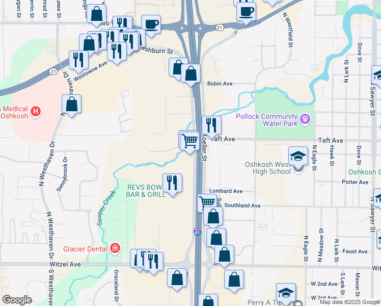 map of restaurants, bars, coffee shops, grocery stores, and more near 473 North Washburn Street in Oshkosh