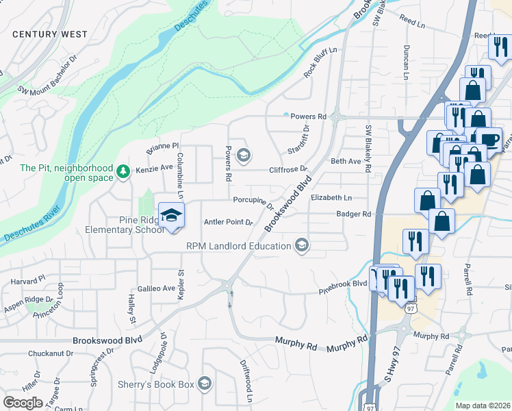 map of restaurants, bars, coffee shops, grocery stores, and more near 19953 Porcupine Drive in Bend