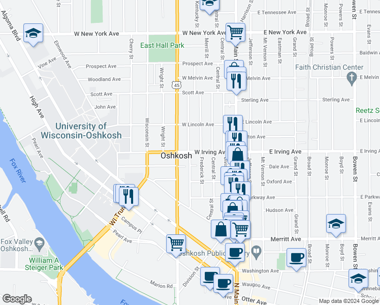 map of restaurants, bars, coffee shops, grocery stores, and more near 699 Franklin Street in Oshkosh