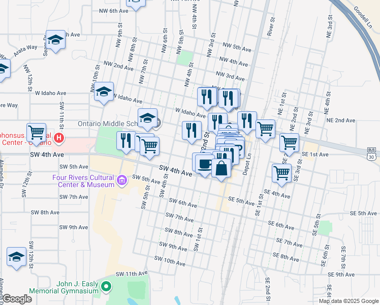 map of restaurants, bars, coffee shops, grocery stores, and more near 236 Southwest 3rd Street in Ontario