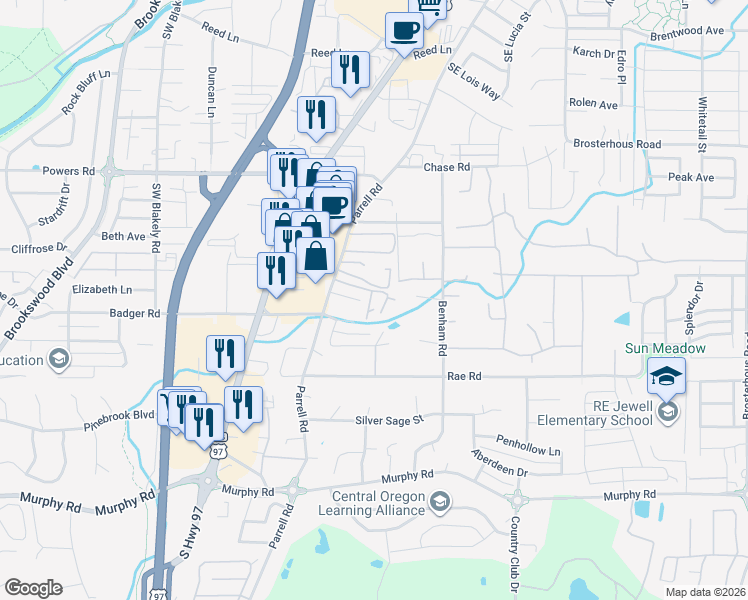 map of restaurants, bars, coffee shops, grocery stores, and more near 61280 Parrell Road in Bend