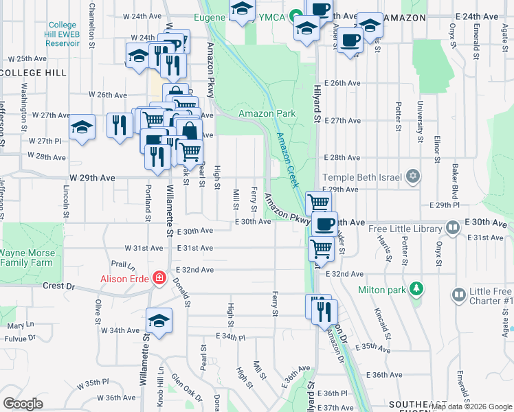 map of restaurants, bars, coffee shops, grocery stores, and more near 2951 Ferry Street in Eugene