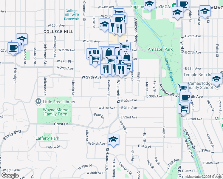 map of restaurants, bars, coffee shops, grocery stores, and more near 2961 Portland Street in Eugene