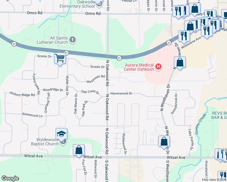 map of restaurants, bars, coffee shops, grocery stores, and more near 2770 Havenwood Drive in Oshkosh