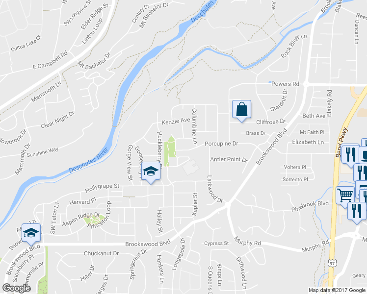 map of restaurants, bars, coffee shops, grocery stores, and more near 19838 Porcupine Drive in Bend