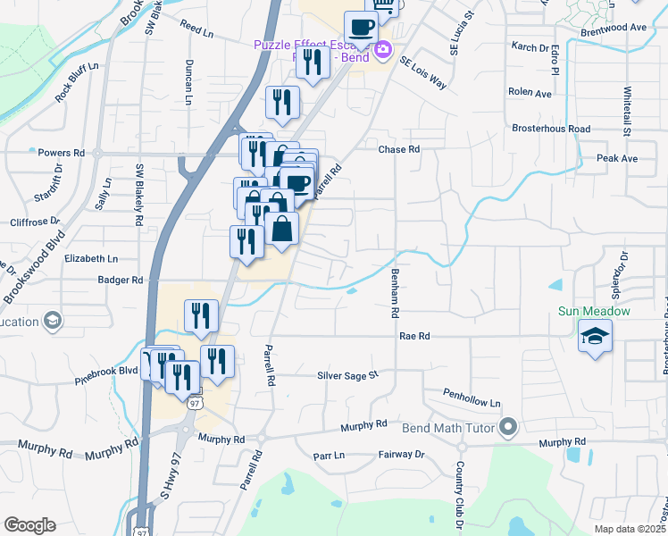 map of restaurants, bars, coffee shops, grocery stores, and more near 61280 Parrell Road in Bend