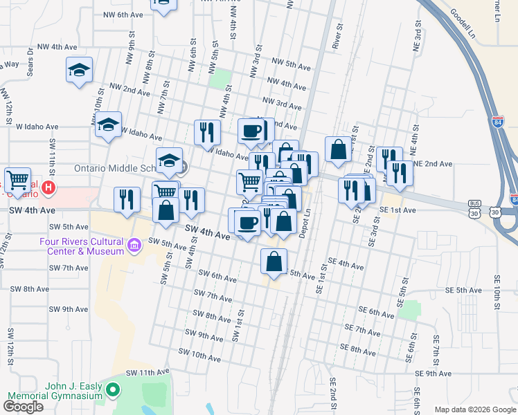 map of restaurants, bars, coffee shops, grocery stores, and more near 192 SW 2nd Ave in Ontario