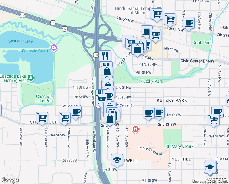 map of restaurants, bars, coffee shops, grocery stores, and more near 1344 2nd Street Southwest in Rochester