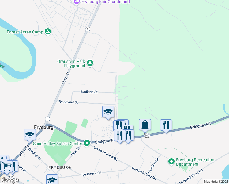 map of restaurants, bars, coffee shops, grocery stores, and more near 78 Eastland Street in Fryeburg
