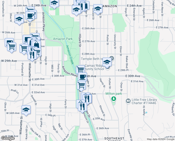 map of restaurants, bars, coffee shops, grocery stores, and more near 2955 Alder Street in Eugene