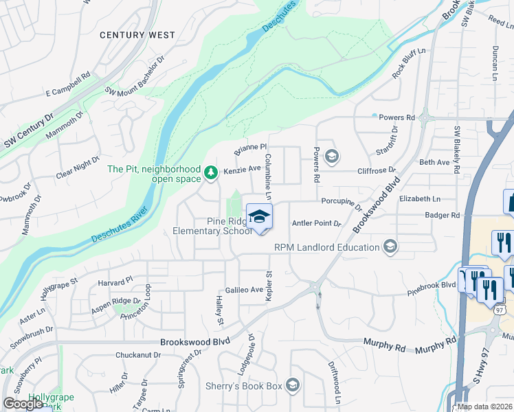 map of restaurants, bars, coffee shops, grocery stores, and more near 19844 Porcupine Drive in Bend
