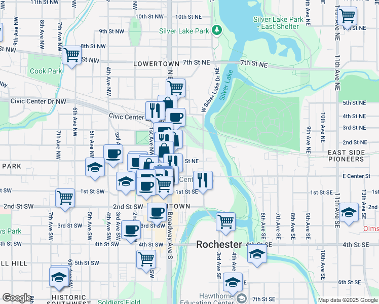 map of restaurants, bars, coffee shops, grocery stores, and more near 182 1st Avenue Northeast in Rochester