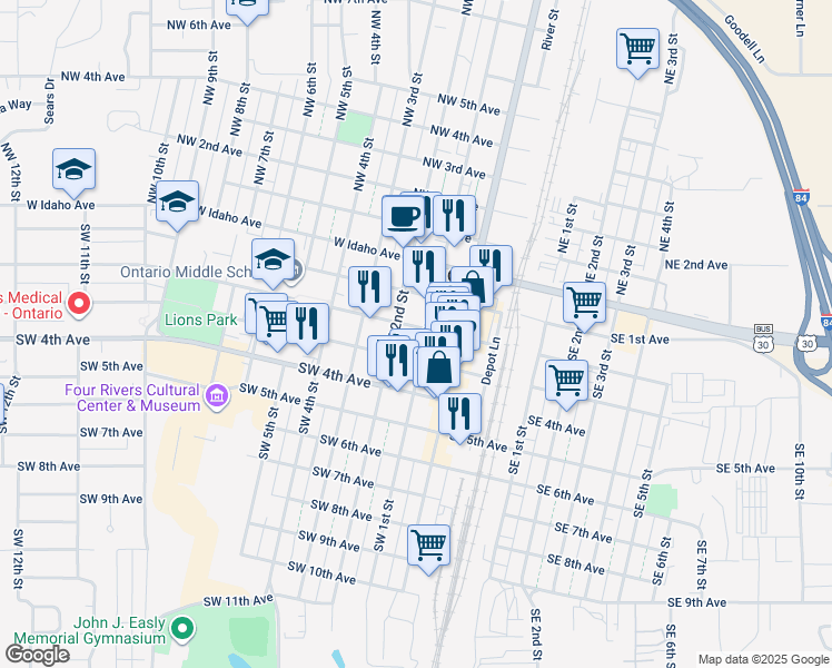 map of restaurants, bars, coffee shops, grocery stores, and more near 192 SW 2nd Ave in Ontario