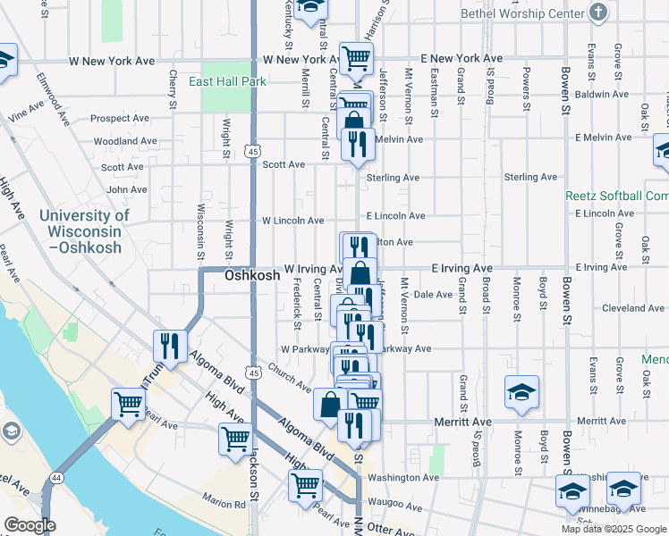 map of restaurants, bars, coffee shops, grocery stores, and more near 106 West Irving Avenue in Oshkosh