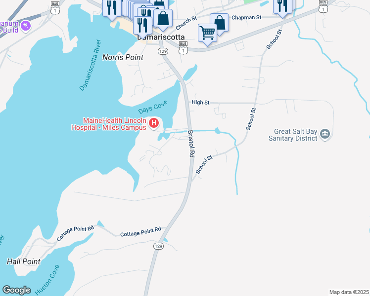 map of restaurants, bars, coffee shops, grocery stores, and more near 63-65 Schooner Road in Damariscotta