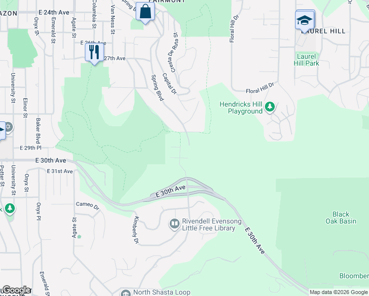 map of restaurants, bars, coffee shops, grocery stores, and more near 2930 Central Boulevard in Eugene