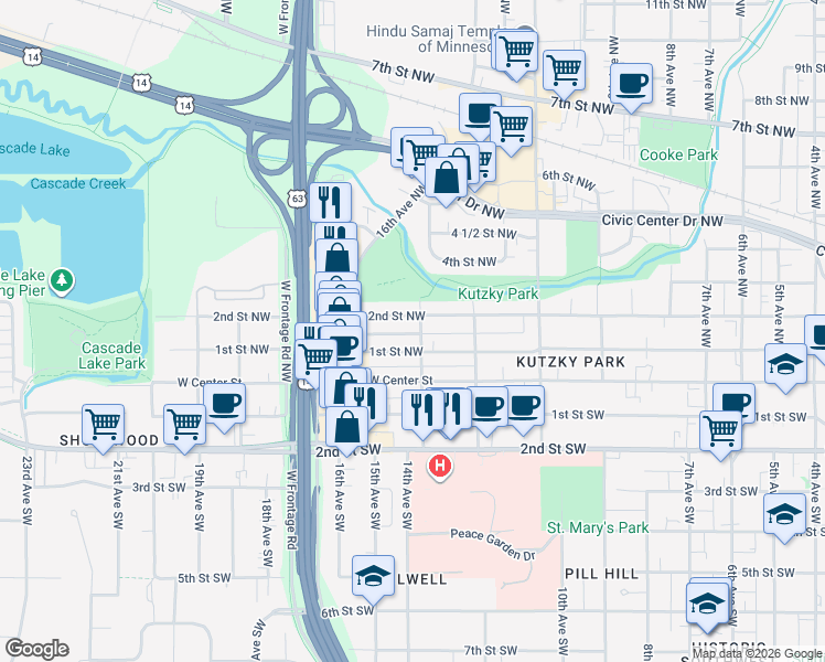 map of restaurants, bars, coffee shops, grocery stores, and more near 117 13th Avenue Southwest in Rochester