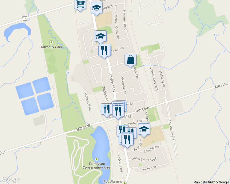 map of restaurants, bars, coffee shops, grocery stores, and more near 67 Queen Street North in New Tecumseth