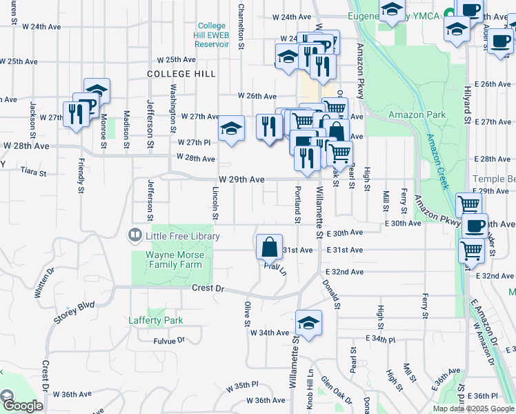 map of restaurants, bars, coffee shops, grocery stores, and more near 2965 Olive Street in Eugene