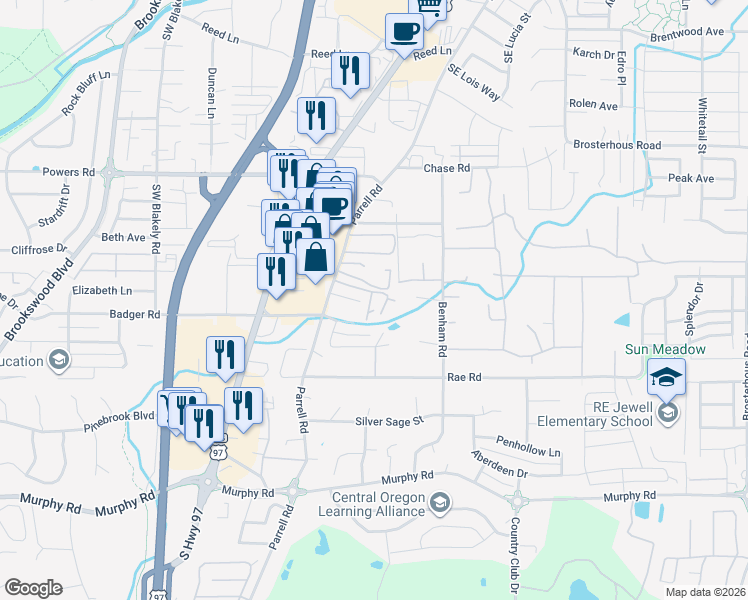 map of restaurants, bars, coffee shops, grocery stores, and more near 61280 Parrell Road in Bend