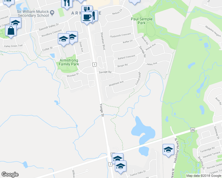map of restaurants, bars, coffee shops, grocery stores, and more near 10 Foxtail Ridge in Newmarket